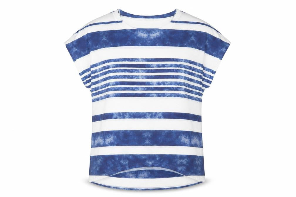 Front view of Paramour women’s blue striped polyester basic t-shirt, size S, boat neck -, size S-m