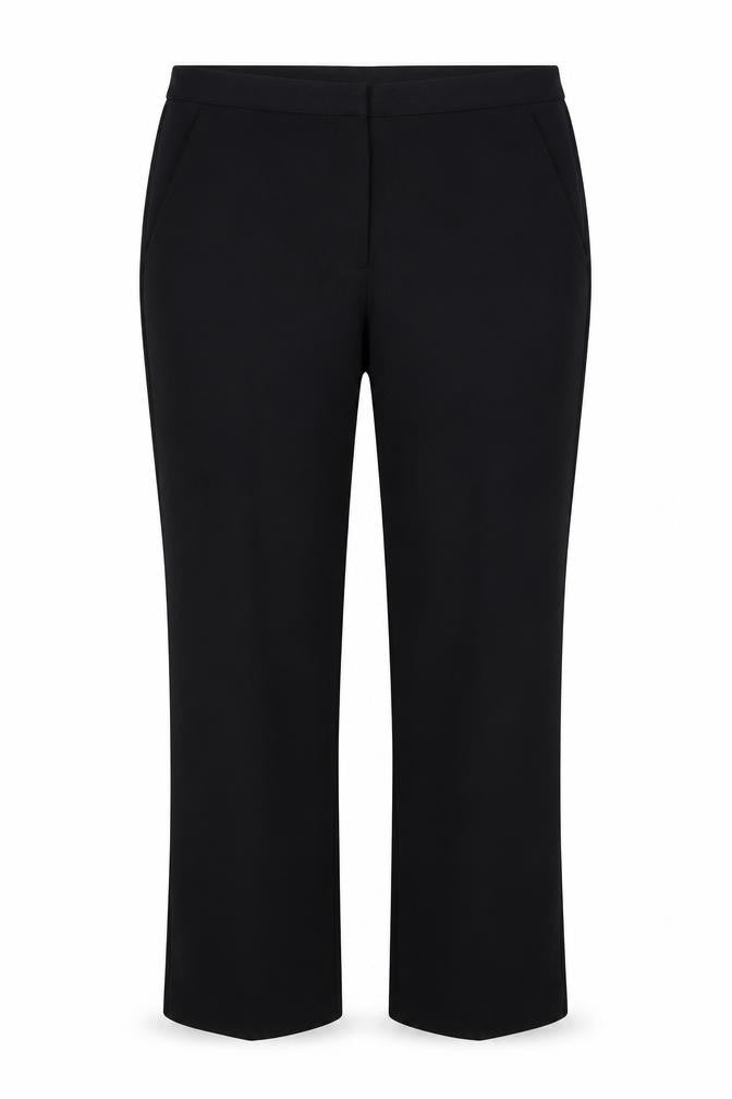Front view of H&M women’s black polyester trousers, size UK 18, 27-inch leg regular zip