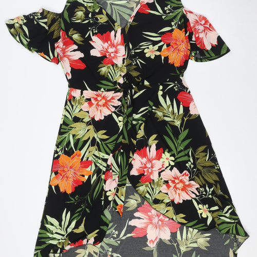 Very Womens Multicoloured Floral Polyester Wrap Dress Size 12 V-Neck Tie - Cold Shoulder