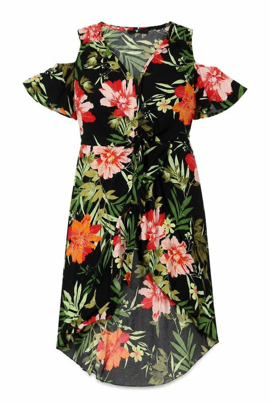 Front view of Very women’s multicoloured floral polyester wrap dress, size UK 12, v-neck tie - cold shoulder