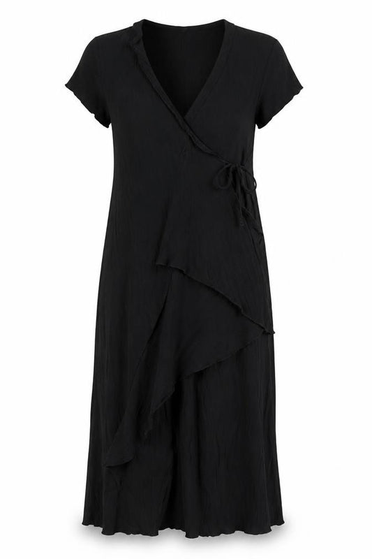 Front view of LOUNGE APPARL women’s black polyester wrap dress, size XL, v-neck tie