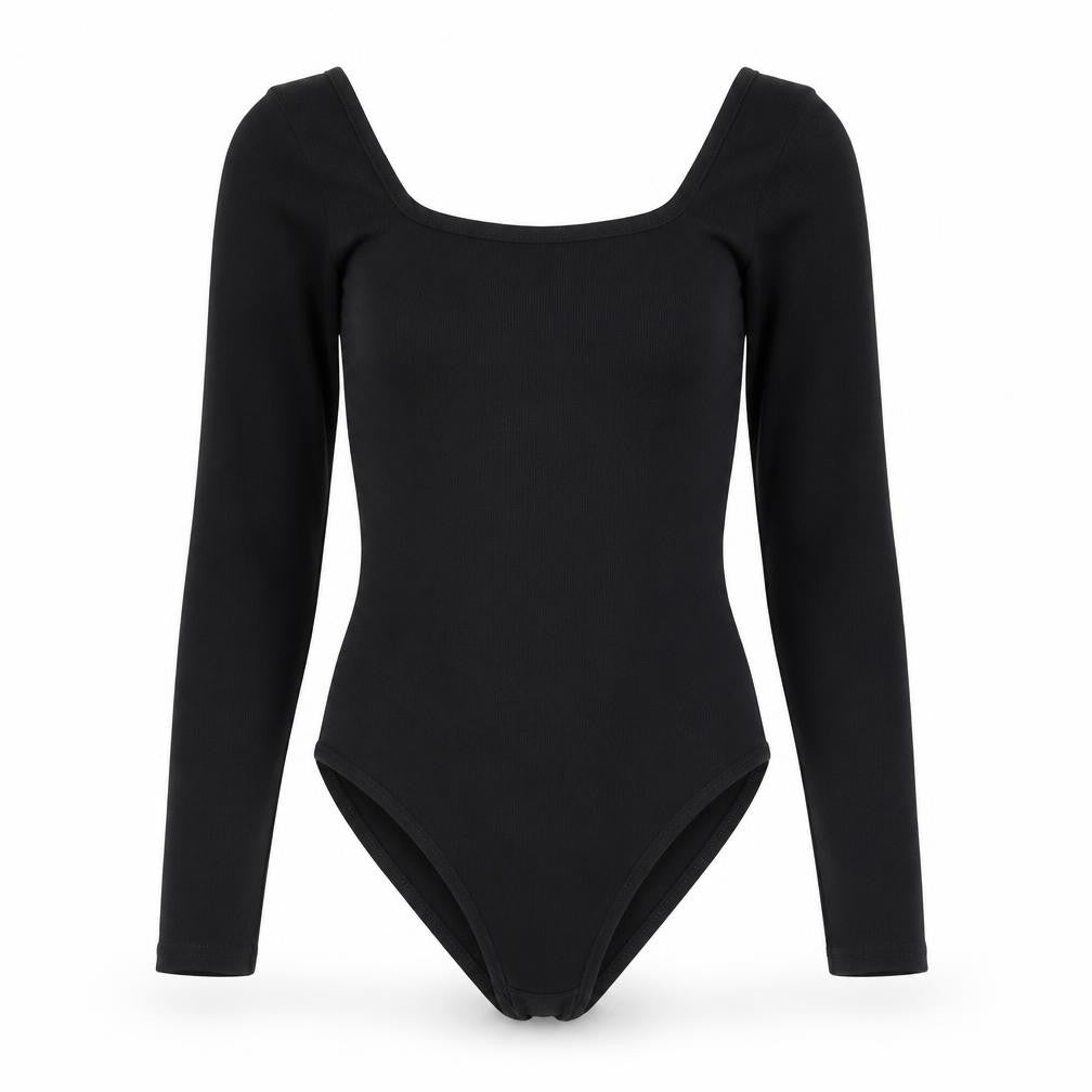 Front view of I SAW IT FIRST women’s black polyester leotard one-piece, size UK 8, - ribbed