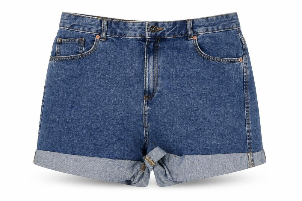 Front view of Denim & Co. women’s blue cotton basic shorts, size UK 16, 3-inch leg regular zip - turn ups