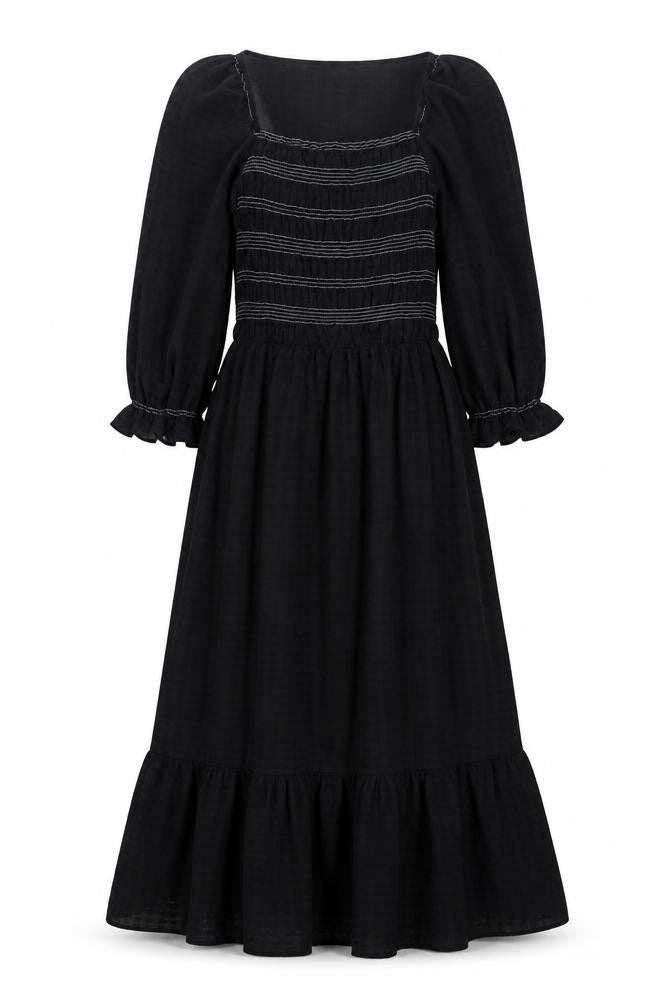 Front view of Marks & Spencer women’s black polyester a-line, size UK 8, square neck - smocked top