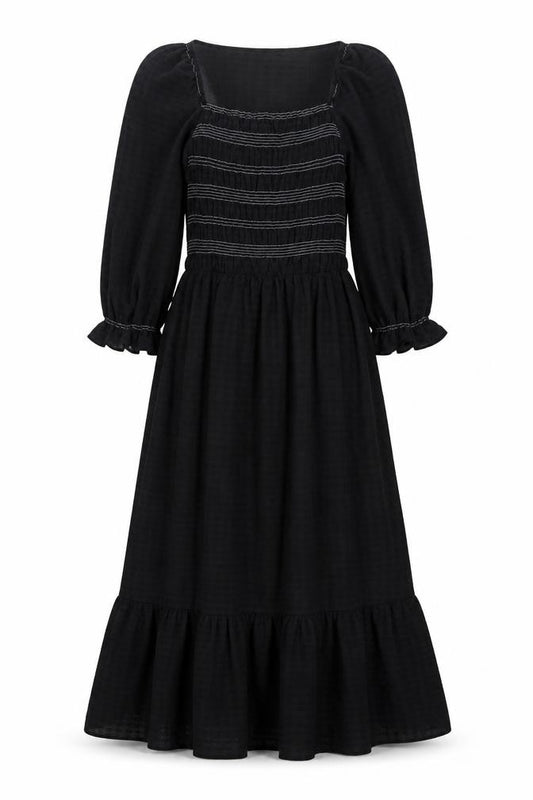 Front view of Marks & Spencer women’s black polyester a-line, size UK 8, square neck - smocked top