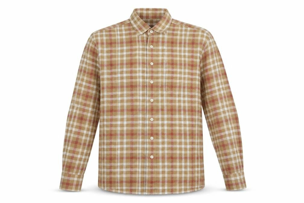 Front view of Crewfield men’s beige check cotton button-up, size M, collared button