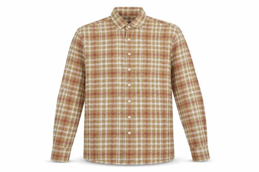 Front view of Crewfield men’s beige check cotton button-up, size M, collared button