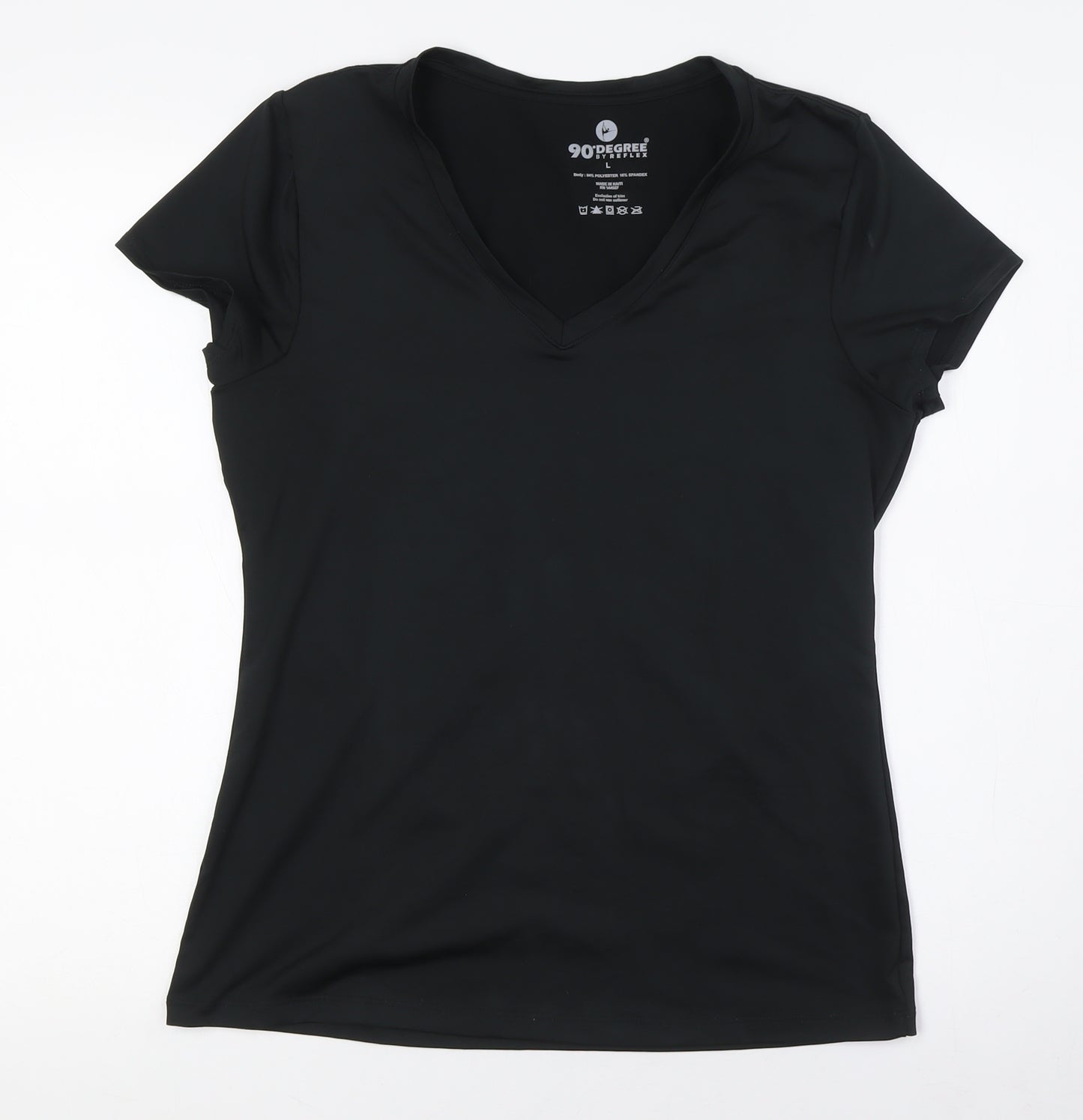 90 Degree Womens Black Polyester Basic T-Shirt Size L V-Neck