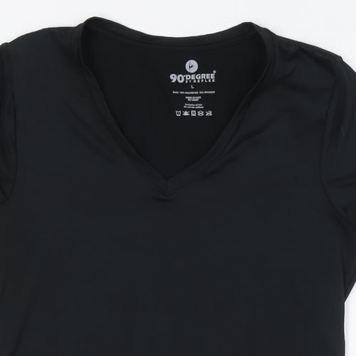 90 Degree Womens Black Polyester Basic T-Shirt Size L V-Neck