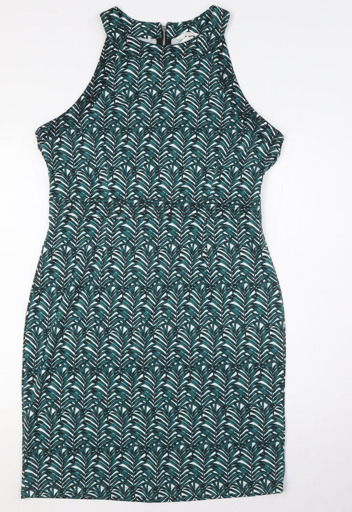 H&M Womens Green Polyester Pencil Dress Size L Round Neck Zip - Leaves
