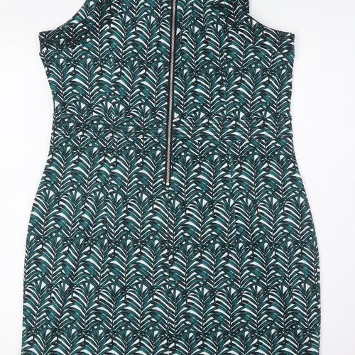 H&M Womens Green Polyester Pencil Dress Size L Round Neck Zip - Leaves