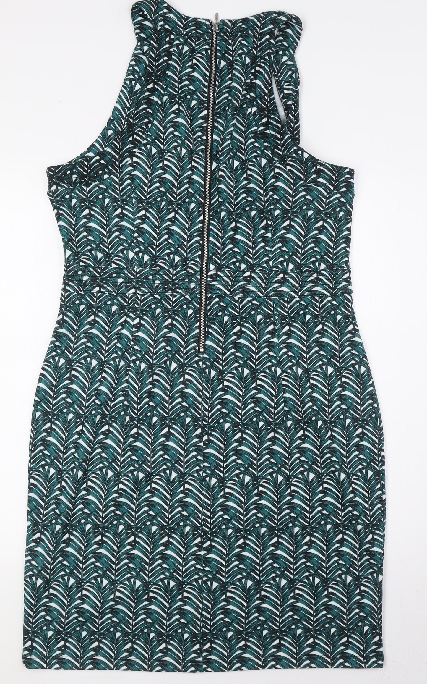 H&M Womens Green Polyester Pencil Dress Size L Round Neck Zip - Leaves