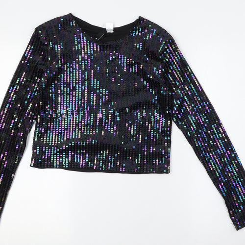 Divided by H&M Womens Black Polyester Basic Button-Up Size S Round Neck - Sequins
