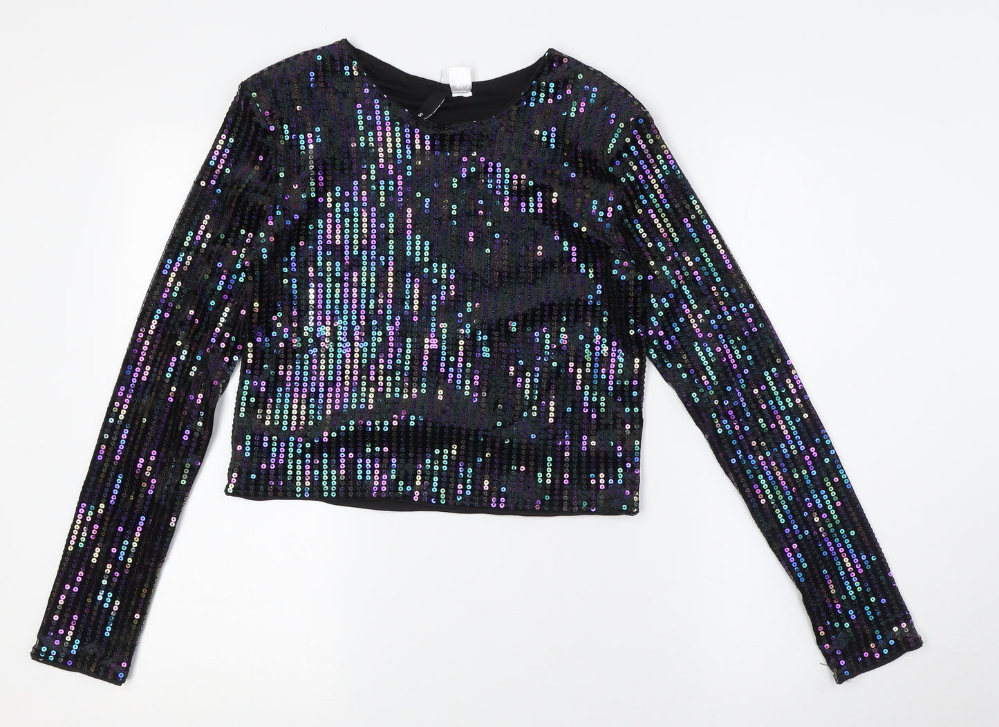 Divided by H&M Womens Black Polyester Basic Button-Up Size S Round Neck - Sequins