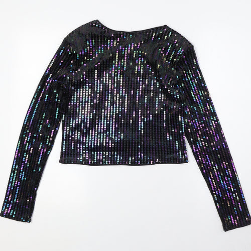 Divided by H&M Womens Black Polyester Basic Button-Up Size S Round Neck - Sequins