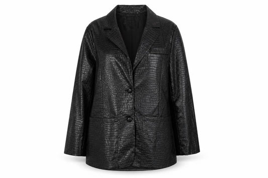 Front view of Boohoo women’s black animal print jacket, size UK 14, button