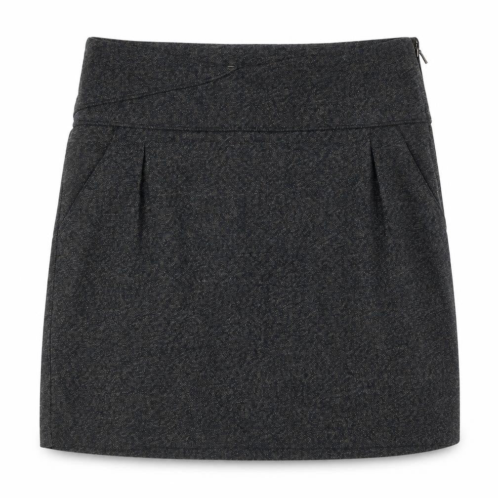 Front view of Skunkfunk women’s grey polyester a-line skirt, size UK 12, zip - pockets