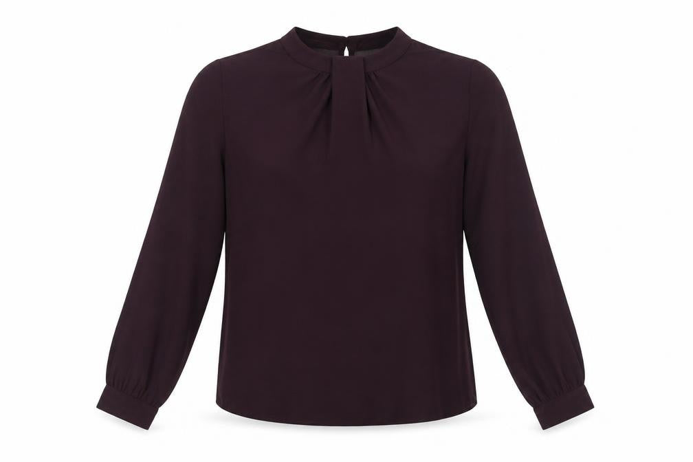 Front view of Dorothy Perkins women’s purple polyester basic button-up, size UK 8, mock neck