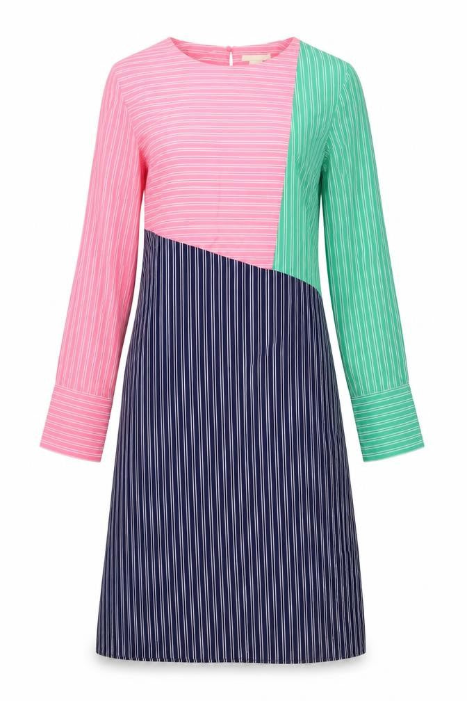 Front view of H&M women’s blue striped viscose a-line, size UK 8, round neck button