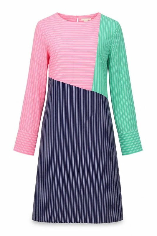 Front view of H&M women’s blue striped viscose a-line, size UK 8, round neck button
