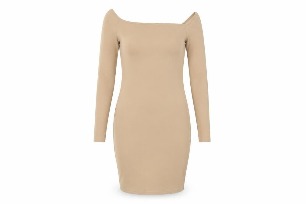 Front view of PRETTYLITTLETHING women’s beige polyester bodycon, size UK 10, off the shoulder