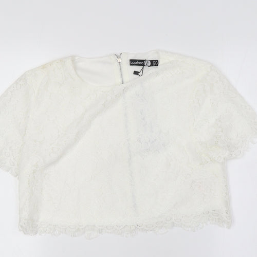 Boohoo Womens White Cotton Cropped Button-Up Size 10 Round Neck