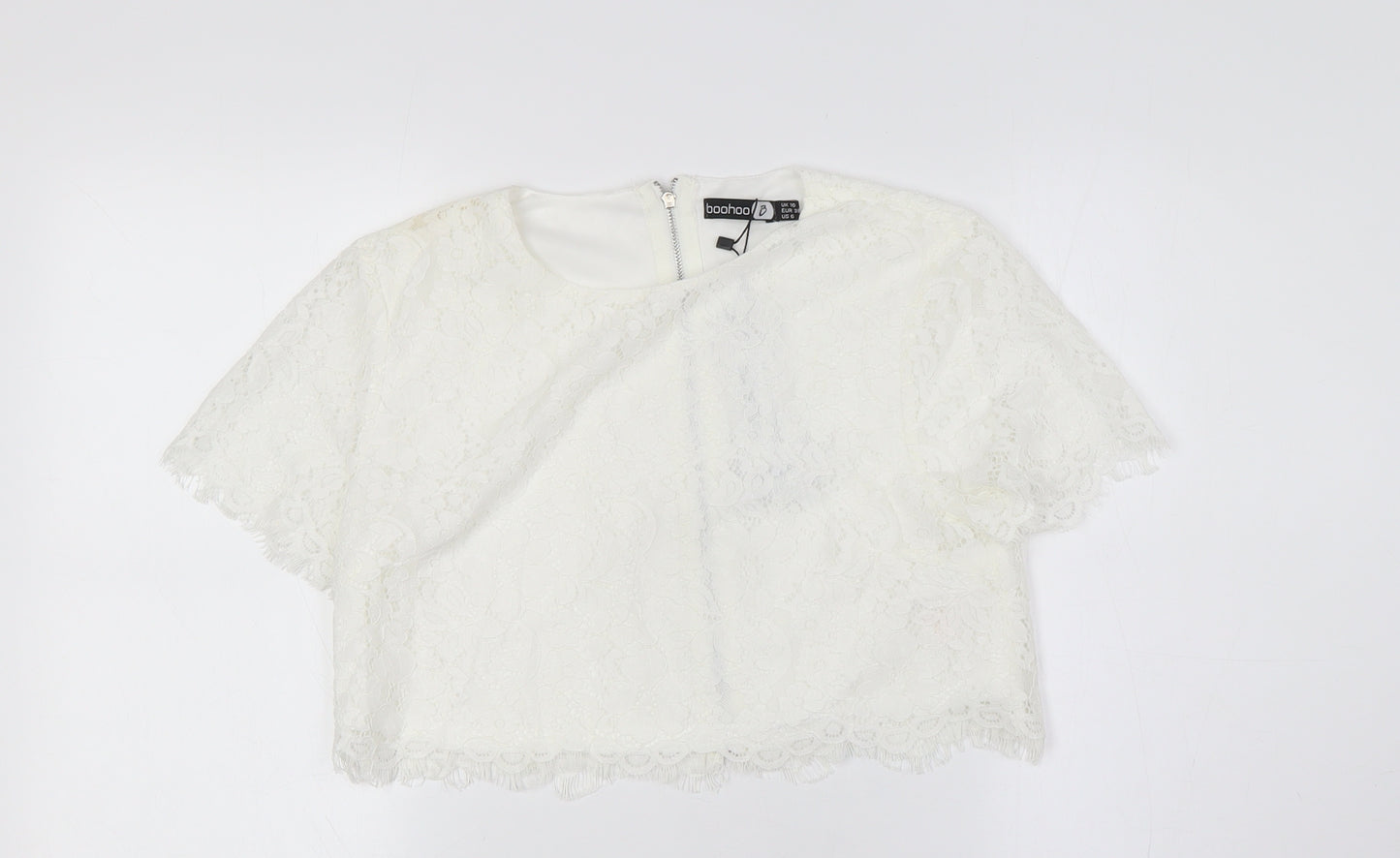 Boohoo Womens White Cotton Cropped Button-Up Size 10 Round Neck