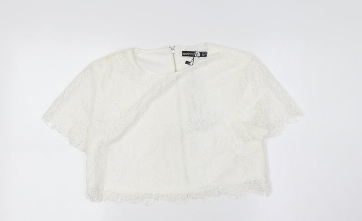 Boohoo Womens White Cotton Cropped Button-Up Size 10 Round Neck