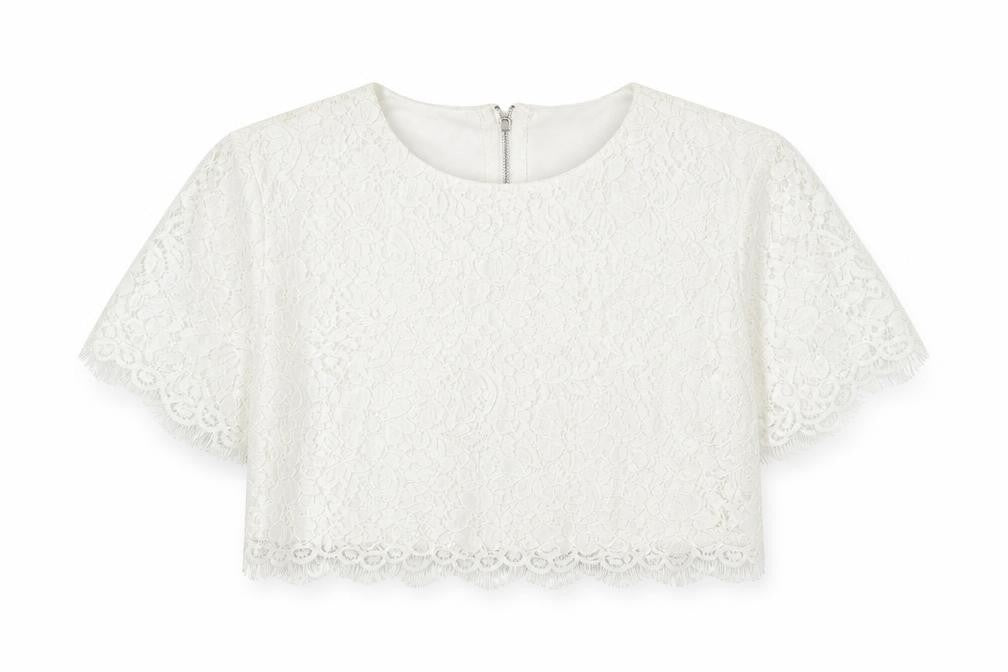 Front view of Boohoo women’s white cotton cropped button-up, size UK 10, round neck