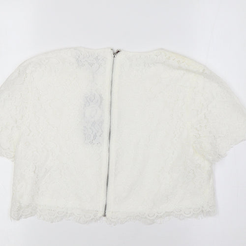 Boohoo Womens White Cotton Cropped Button-Up Size 10 Round Neck