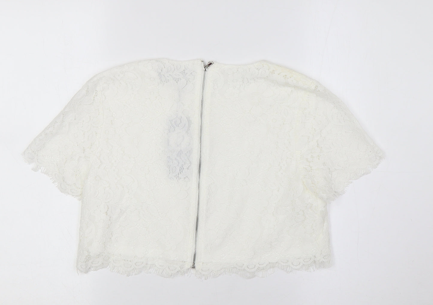 Boohoo Womens White Cotton Cropped Button-Up Size 10 Round Neck