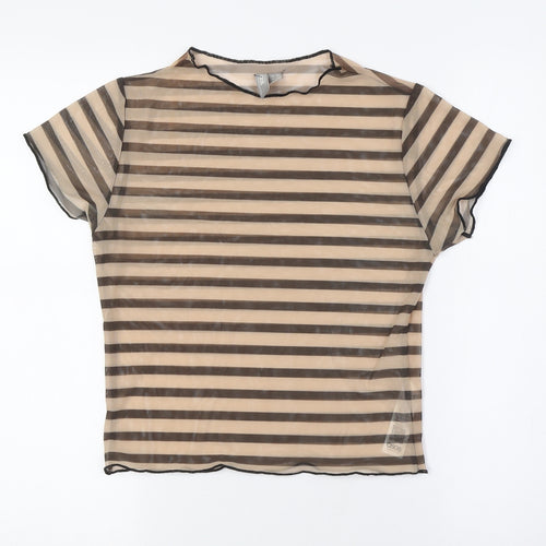 ASOS Womens Brown Striped Polyester Basic Button-Up Size 10 Round Neck - Sheer