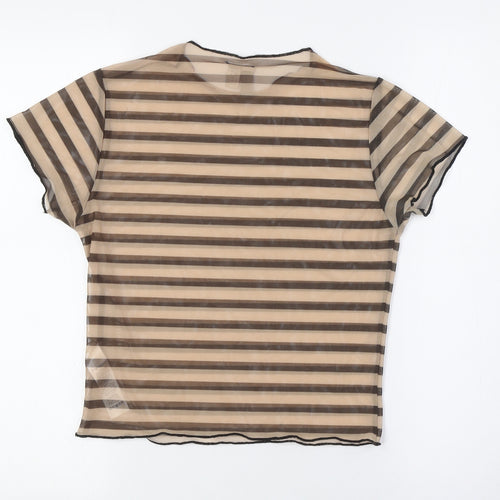 ASOS Womens Brown Striped Polyester Basic Button-Up Size 10 Round Neck - Sheer