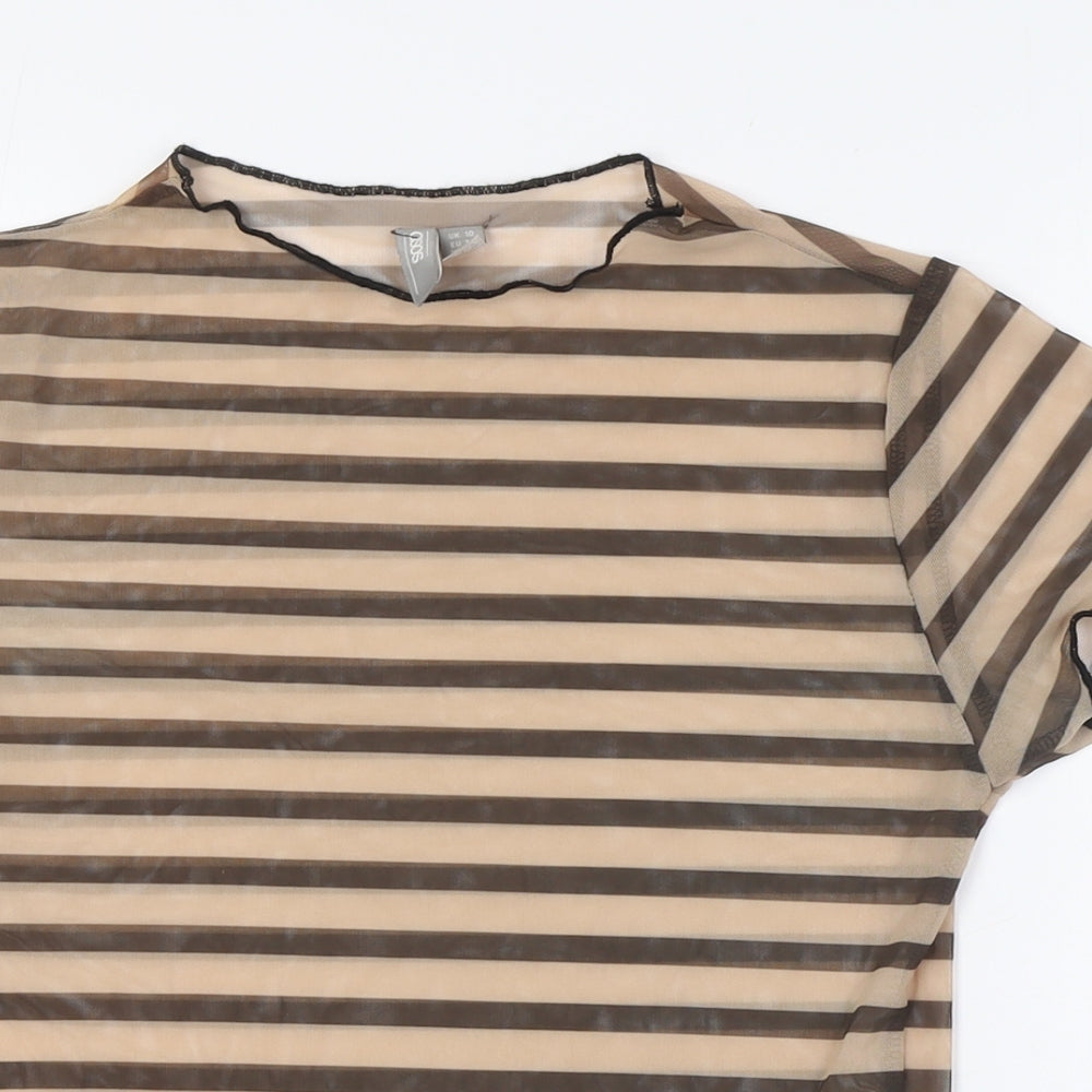 ASOS Womens Brown Striped Polyester Basic Button-Up Size 10 Round Neck - Sheer