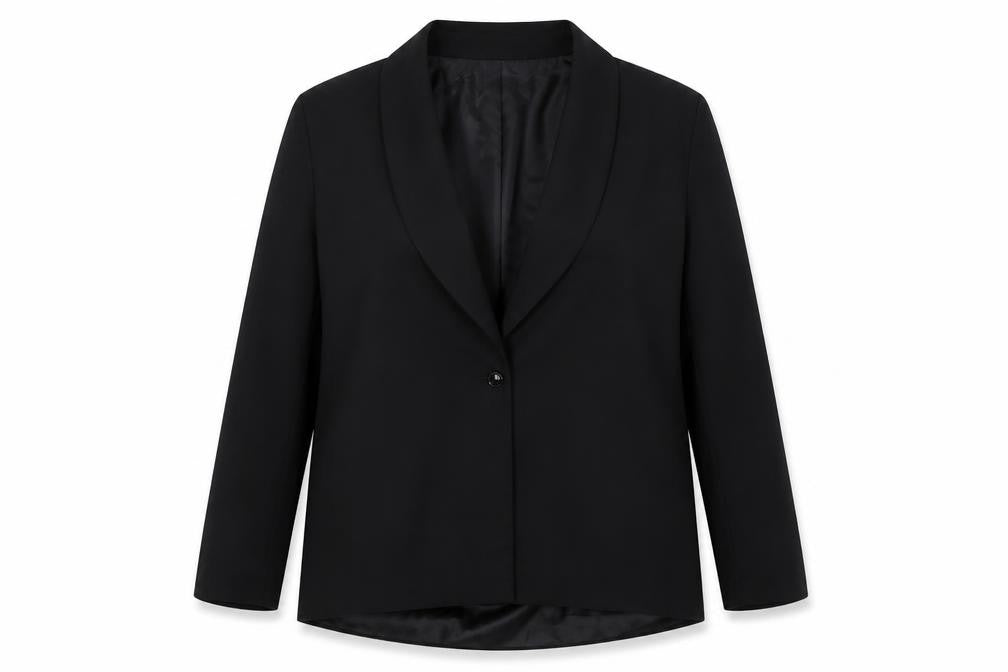 Front view of PRETTYLITTLETHING women’s black jacket, size UK 16, button - shoulder pads