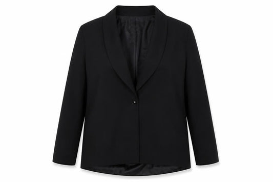 Front view of PRETTYLITTLETHING women’s black jacket, size UK 16, button - shoulder pads