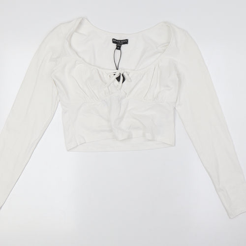 Brave Soul Womens White Cotton Cropped Button-Up Size M Scoop Neck