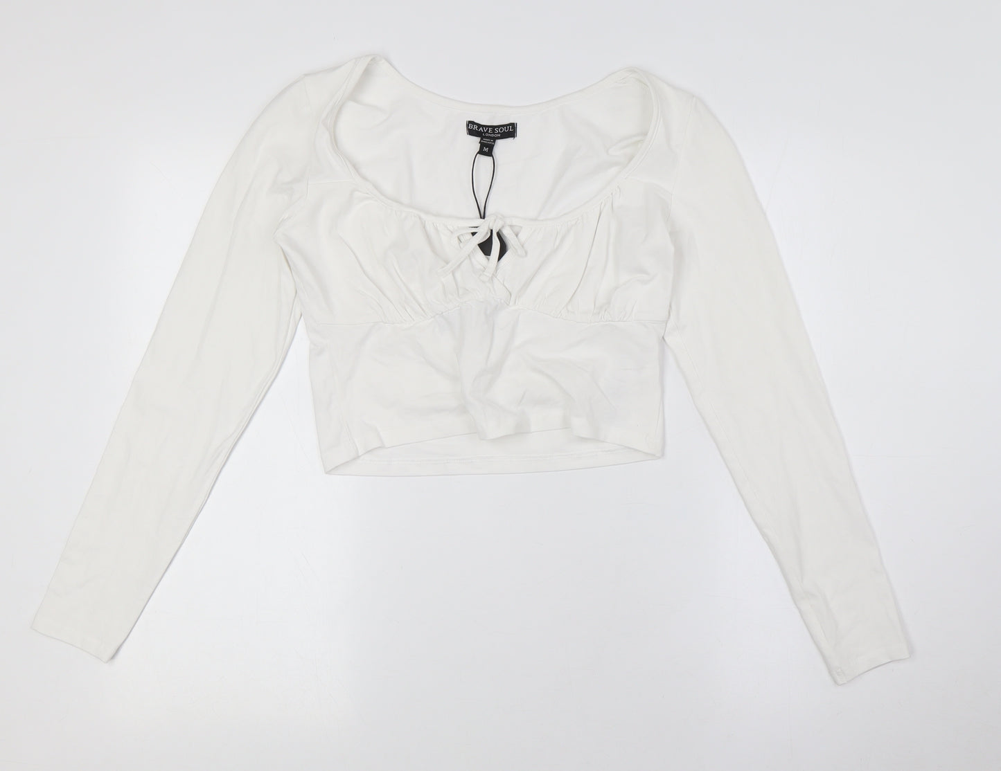 Brave Soul Womens White Cotton Cropped Button-Up Size M Scoop Neck