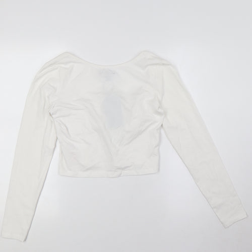 Brave Soul Womens White Cotton Cropped Button-Up Size M Scoop Neck