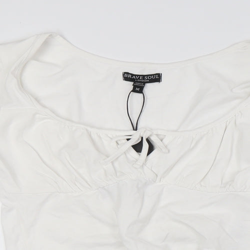 Brave Soul Womens White Cotton Cropped Button-Up Size M Scoop Neck