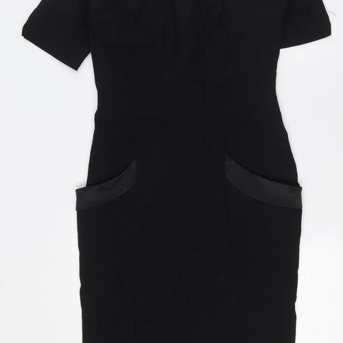 Hybrid Womens Black Viscose Pencil Dress Size 14 Sweetheart Zip - Satin Trim Pockets