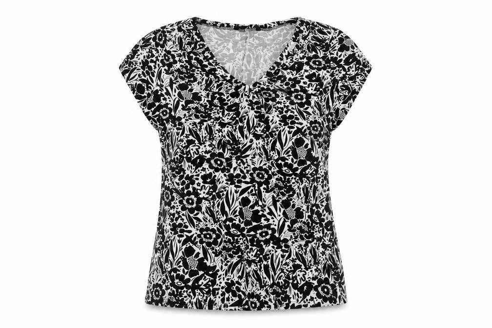 Front view of Bonmarché women’s white floral viscose basic t-shirt, size UK 20, v-neck