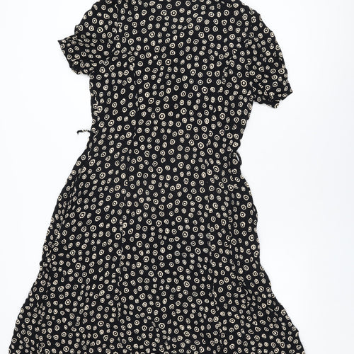 Marks and Spencer Womens Black Geometric Viscose A-Line Size 16 Collared Button