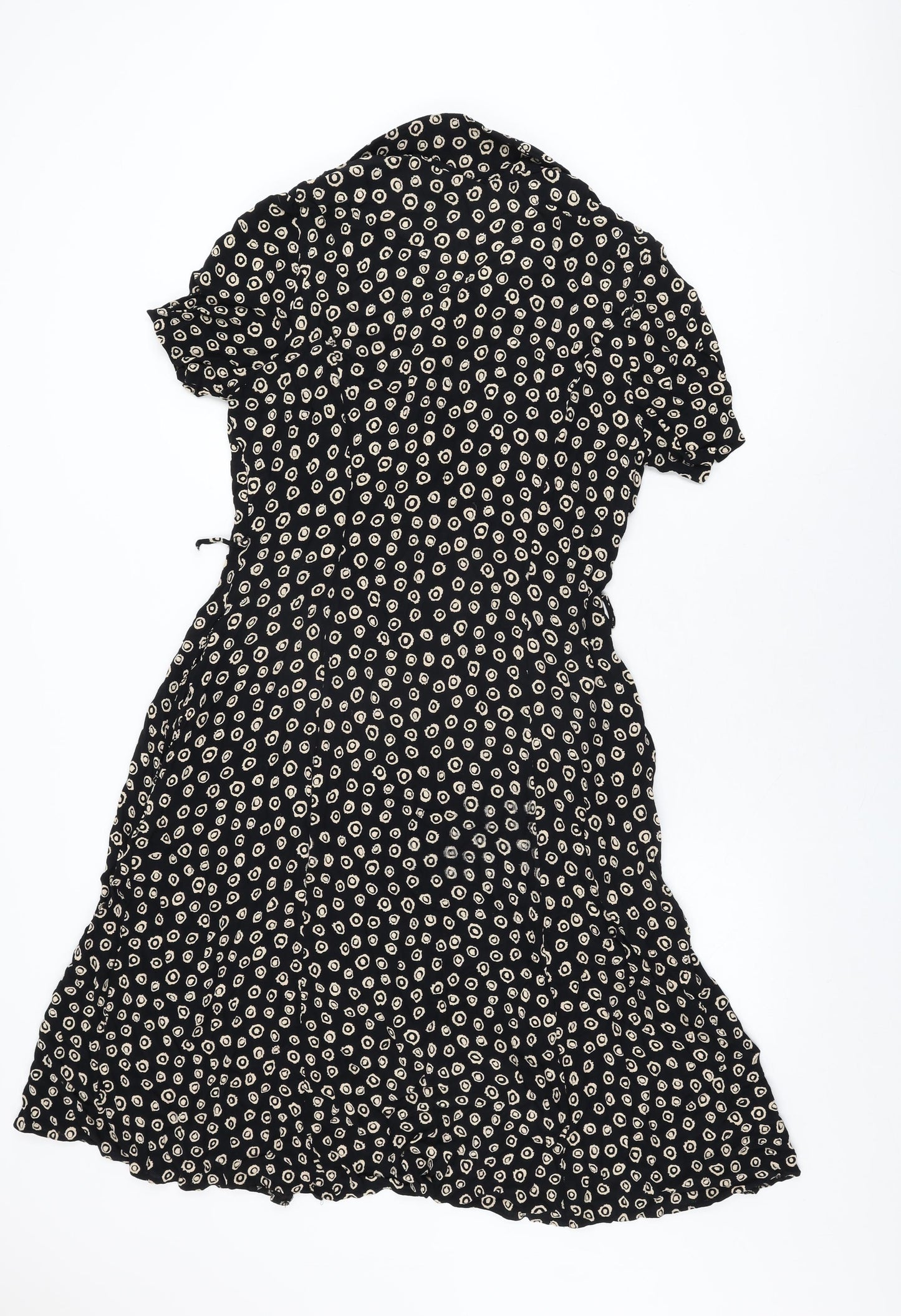 Marks and Spencer Womens Black Geometric Viscose A-Line Size 16 Collared Button