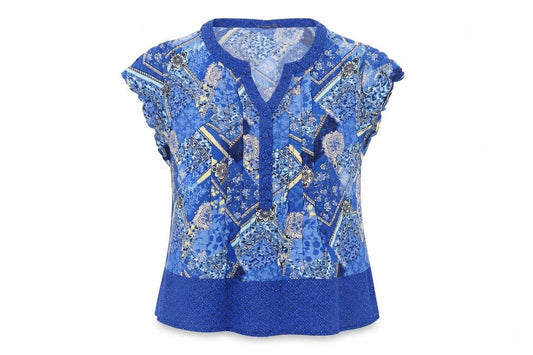 Front view of Isle women’s blue geometric viscose basic t-shirt, size UK 16, v-neck