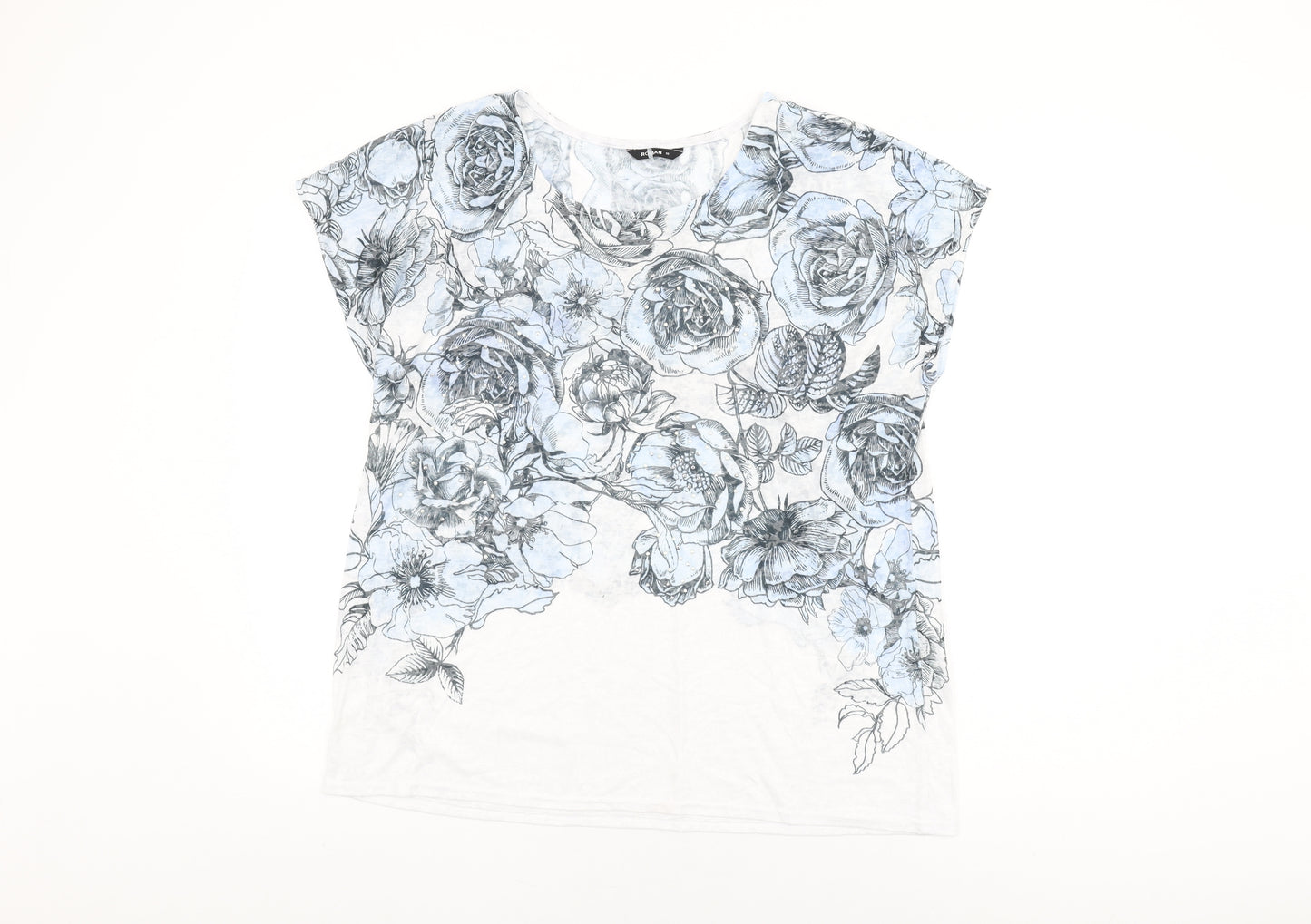 Roman Womens White Floral Polyester Basic T-Shirt Size 18 Round Neck