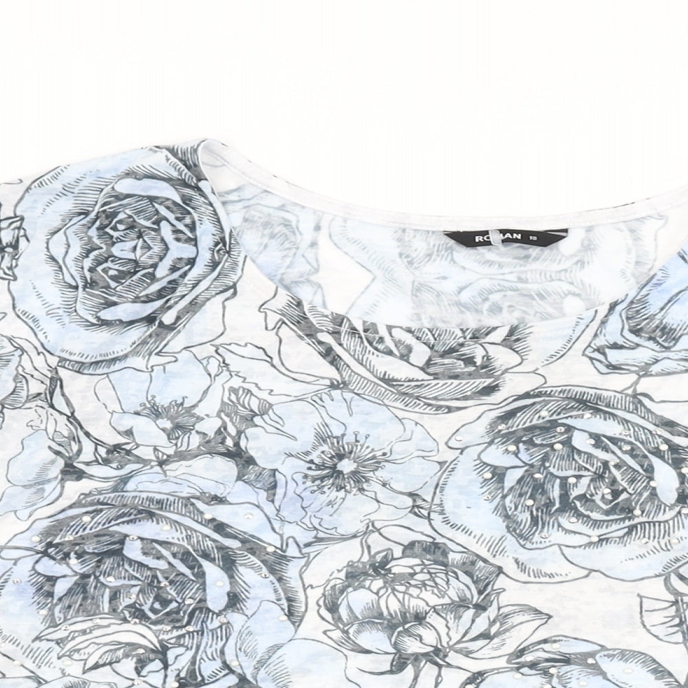 Roman Womens White Floral Polyester Basic T-Shirt Size 18 Round Neck
