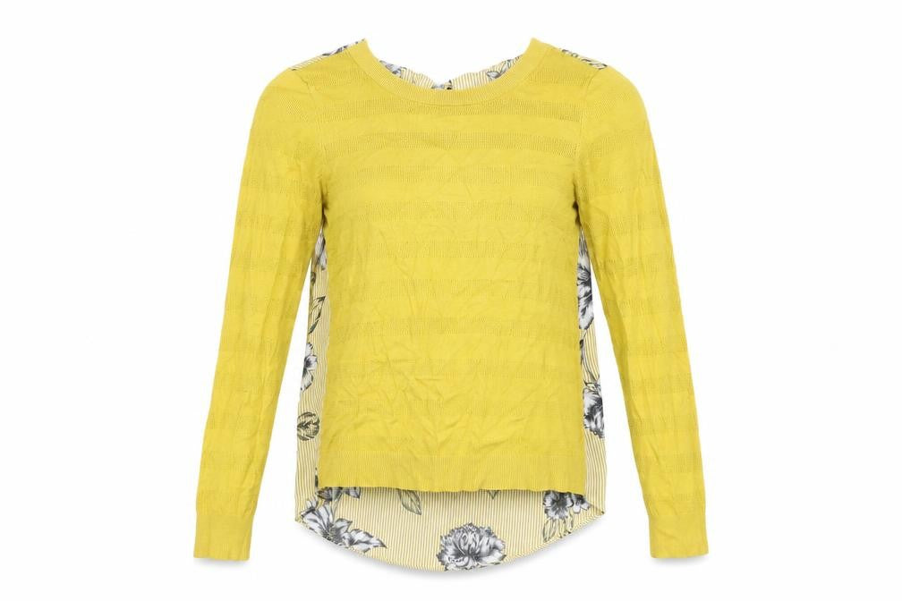 Front view of Next women’s yellow floral viscose basic t-shirt, size UK 10, round neck