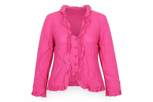Front view of DELMOD women’s pink jacket, size UK 16, button