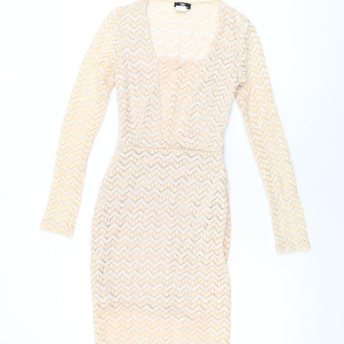 Va Va Voom Womens Beige Geometric Cotton Bodycon Size S Square Neck Pullover
